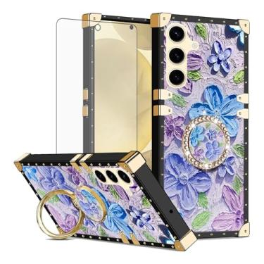 Imagem de Capa de celular para Samsung Galaxy S24 Plus/S25 Plus S24+ S25+ 5G capa magnética com protetor de tela e anel de flor de pintura suporte rígido S24Plus 24S + S 24 24+ S25Plus 25S 25+ SM-S936U feminino
