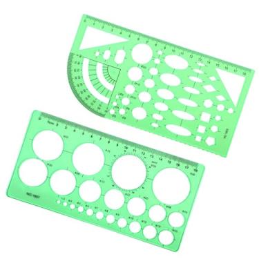 Imagem de 2 peças de estênceis geométricos, modelo de círculo de plástico para desenho, estênceis de desenho geométrico verde transparente, ferramentas de medição, régua de escala geométrica para materiais de