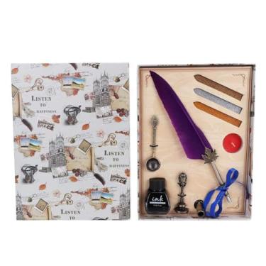 Imagem de Caneta-tinteiro de penas vintage Caneta de caligrafia Quill Dip Pen Elegante Antigo Ferramenta de escrita exclusiva para artistas Escritores Estudantes Decoração de casa Presente (Roxa)