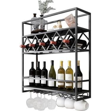 Imagem de GKPSSURV Rack de exibição de vinho moderno montado na parede, suporte de vinho de estilo moderno, rack de vinho de várias camadas com ganchos de taça de vinho, suporte de garrafa, prateleira de
