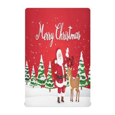 Imagem de Qilmy Lençóis de berço de Natal Papai Noel e alce, macio e respirável, de microfibra elástica, lençol com elástico para meninos e meninas, 132 x 71 cm, capa de colchão infantil portátil