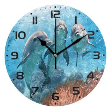 Imagem de JUZIHAI Relógio de parede com três golfinhos fofos silencioso, sem tique-taque, redondo, operado por bateria, fácil de ler, relógio decorativo de parede para casa, cozinha, sala de estar, quarto