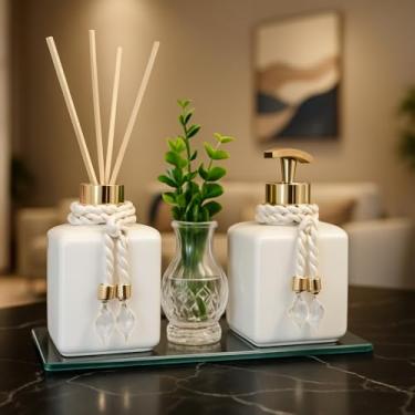 Imagem de Kit Lavabo Banheiro Completo Preto 300ml PET com Difusor, Saboneteira, Vasinho Decorativo e Bandeja Espelhada Luxo(Branco com Dourado)