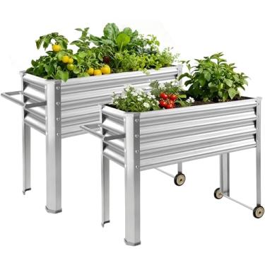 Imagem de Land Guard Pacote com 2 canteiros elevados galvanizados com pernas e rodas, caixa de plantador elevada de metal de 91 × 32 cm para quintal, pátio, varanda, prata