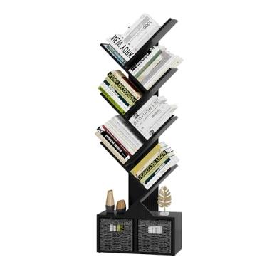 Imagem de Vagusicc Estante de árvore de 6 camadas, estante alta com armário de armazenamento, organizador de armazenamento de prateleiras de madeira para exibir livros, revistas, CDs, prateleira de livros de