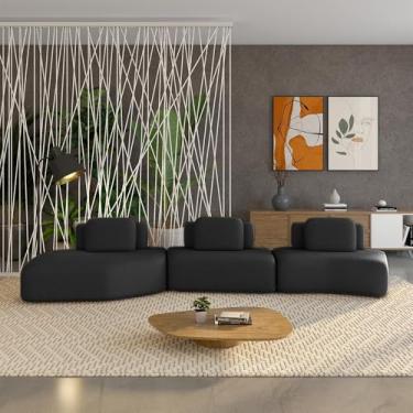 Imagem de Sofá Ilha Sala de Estar Dakota 3 Módulos 484cm Encostos Almofadas Soltas Veludo Preto G33 - Gran Belo