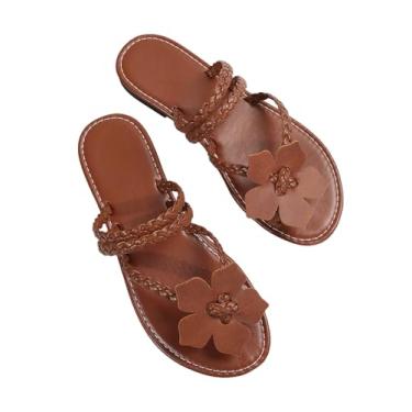 Imagem de OYOANGLE Sandália feminina floral Boho Toe Post chinelos elegantes rasteirinhos trançados com tiras para férias, Marrom, 38