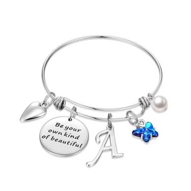 Imagem de Pulseiras com pingente inicial para mulheres joias presentes Be Your Own Kind of Beautiful Pulseira de borboleta expansível inspiradora de aço inoxidável letra A-Z presentes de aniversário e Natal