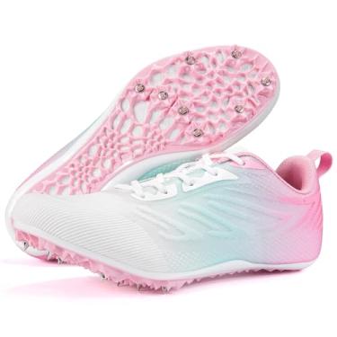 Imagem de Ifrich Tênis de corrida masculino e feminino Track and Fields para atletas e velocistas, tênis de corrida Spikes para estudantes, meninos e meninas, Azul, rosa, 2.5