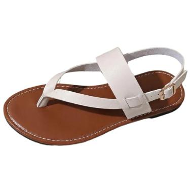 Imagem de Chinelo feminino moderno casual plus size com clipe liso cor sólida bico dividido sandálias, Branco, 36