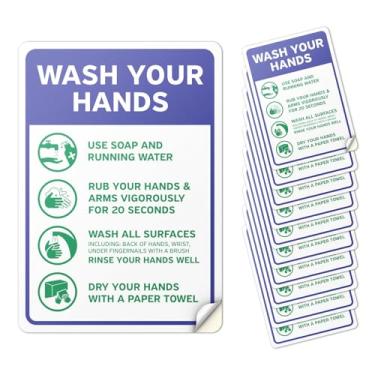 Imagem de 101SignCity Adesivo de vinil de 17,8 cm x 25,4 cm Wash Your Hands (10 unidades), placa de higiene com guia de lavagem das mãos em 4 etapas, azul, pôster autoadesivo à prova d'água para banheiros e
