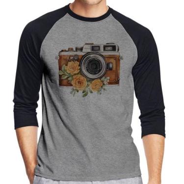 Imagem de Camiseta Raglan Máquina Fotográfica Vintage e Flores Manga 3/4 - Foca 