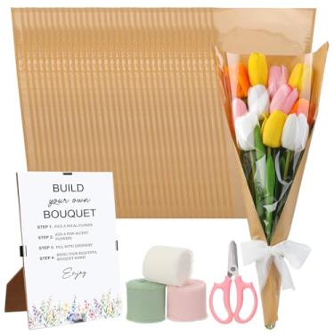 Imagem de Tinlade Conjunto de 75 peças de barra de flores de casamento inclui placa de barra de flores transparente sacos de embrulho de buquê tesouras e fitas de chiffon rosa claro, verde e branco para mesa de