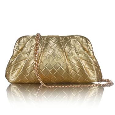Imagem de TRBSXRT Bolsa clutch de tecido e bolsa de noite para mulheres macia franzido corrente transversal elegante bolsa nuvem de couro para festa, Dourado
