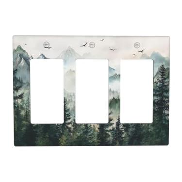 Imagem de Hizuwky Green Forest Tree Mountain 3 Gang Triple Rocker Light Switch Cover Decorativo Natureza Selva Placa Elétrica Interruptor de Luz para Quarto, Banheiro, Cozinha