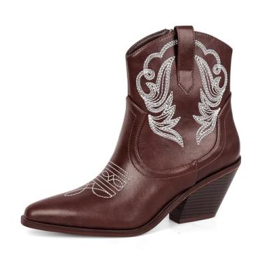 Imagem de PIZZ ANNU Botas femininas bordadas caubói ocidental cowgirl bico redondo botas curtas moda feminina retrô botas clássicas salto grosso, Marrom PU, 40