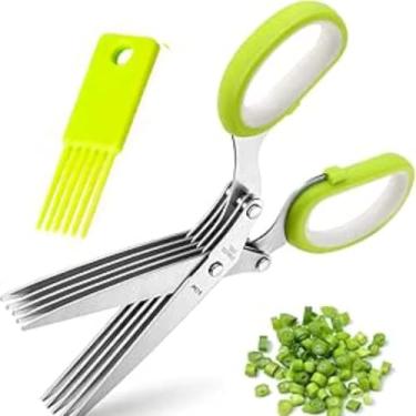 Imagem de Tesoura de Cozinha para Ervas com 5 Lâminas em Aço Inox e Escova de Limpeza - Multicorte Rápido para Temperos e Saladas - Verde