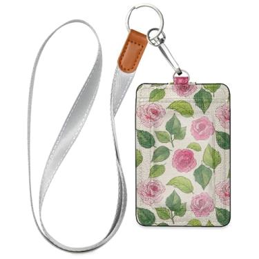 Imagem de Burbuja Porta-crachá de couro com cordão, etiqueta de identificação de flores com 1 janela transparente para identidade e 2 compartimentos para cartão para escritório, enfermeira, professor, médico