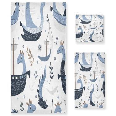Imagem de xigua Conjunto de toalhas de banheiro Viking Dragon Ship Absorvente Macio 3 Peças Toalha de Banho Toalha de Mão Toalhas Decorativas para Banheiro Academia Hotel Praia Piscina