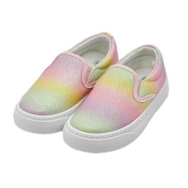 Imagem de Tênis infantil para meninas, meninos e crianças, moderno, cano baixo, sem cadarço, lona, sapatos casuais confortáveis, sem cadarço, cor glitter, caminhada, corrida, salto plano, gradiente pastel