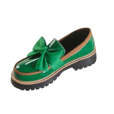 Imagem de Mocassins femininos de sola grossa com laço em vários tons, confortáveis e modernos para uso casual primavera verão, Verde militar, 34