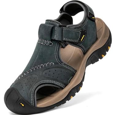 Imagem de Sandálias esportivas masculinas de couro com bico fechado, trilhas, atividades ao ar livre, praia, trilha, pesca, água, leve, confortável, à prova d'água, B - Cinza, 46