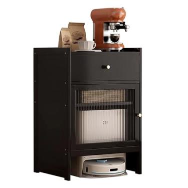 Imagem de Suporte organizador de madeira para aspirador de pó robótico - Rack de armazenamento oculto com portas de acrílico, mesa de cabeceira e mesa lateral para cozinha e sala de jantar.