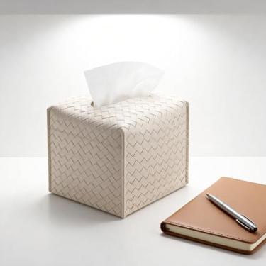 Imagem de Capa de caixa de lenços de couro PU suporte de lenços de papel facial quadrado organizador de papel facial dispensador para banheiro, bancada, mesa, carro, griege