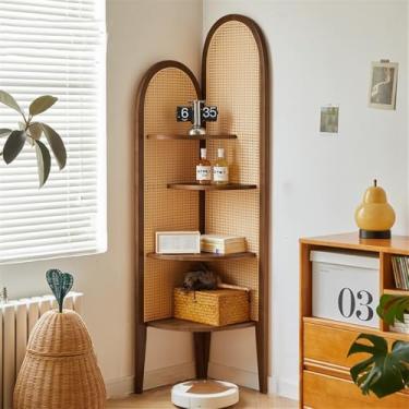 Imagem de Prateleira de canto de madeira independente, estante alta e unidade de armazenamento, elegante rack de vime para quarto, sala de estar e escritório, prateleiras decorativas de canto (marrom)
