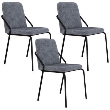 Imagem de Kit 03 Cadeiras Estofada Para Sala De Jantar Loft Preto C01 Linho Prata - Lyam Decor