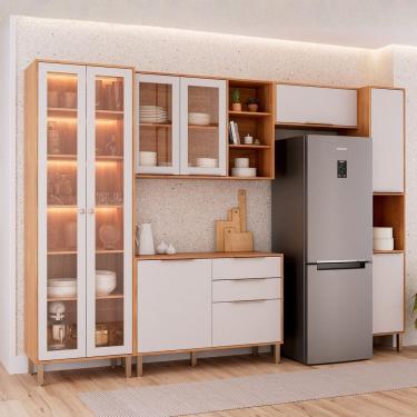 Imagem de Cozinha Modulada 5 Peças com 1 Cristaleira 1 Balcão 2 Armários Aéreos e 1 Torre Brilhante Cinamomo/Off White