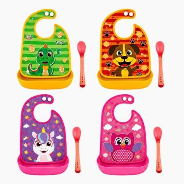 Imagem de Kit Alimentação Bebê Babador E Colher Silicone Estampa:Cachorro - Esco