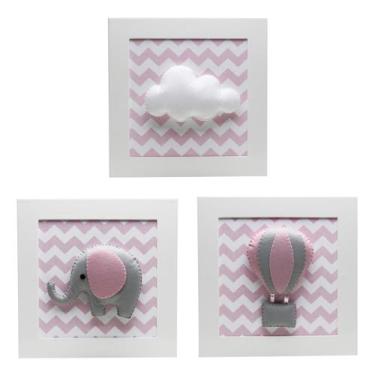 Imagem de Trio De Quadros Elefante Balão Rosa Quarto Bebê Infantil Menina - Poti