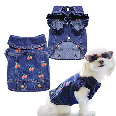 Imagem de (M, Cherry) - SILD Pet Clothes Dog Jeans Jacket Cool Blue Denim Coat Small Medium Dogs Lapel Vests Classic Puppy Hoodies