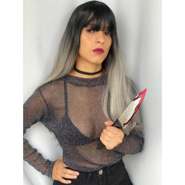 Imagem de Peruca Ombre Hair Preta Cinza Platinada Franja Lisa Silk Top