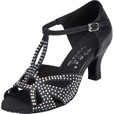 Imagem de Tênis feminino de dança de salão salto gatinha com tira em T Peep Toe Latin 1009, Preto, 5.5