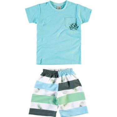 Imagem de Conjunto Infantil Malwee Camiseta Manga Curta e Bermuda - Em Flamê e Tactel - Verde e Azul