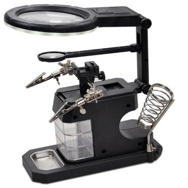 Imagem de Lupa De Mesa Bancada 16 LEDs Com Garras Suporte Ferro Solda 3 Gavetas CBRN20393 - Commerce Brasil