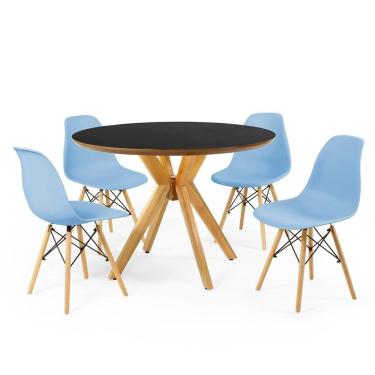 Imagem de Conjunto Mesa de Jantar Redonda Marci Premium Preta 100cm com 4 Cadeiras Eames Eiffel - Azul Claro