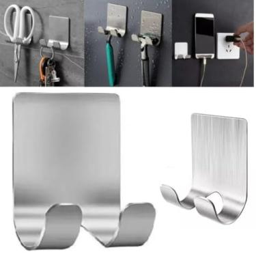 Imagem de KIT 3 UN GANCHO INOX SUPORTE Parede Adesivo Pendurar Universal Multiuso SEM FUROS VERTICAL CROMADO CABIDEIRO PENDURAR ORGANIZADOR