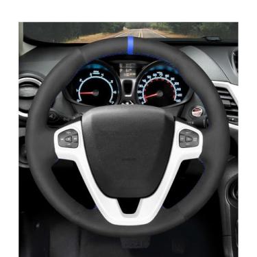 Imagem de LAVIYE Tampa do volante de camurça preta costurada à mão, para Ford Fiesta US 2011 2012 2013 2014 2015 2016 2017 2018-2019