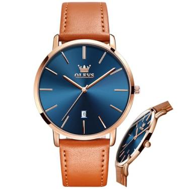 Imagem de OLEVS Relógio de pulso masculino masculino de luxo relógios leves de couro à prova d'água movimento japonês relógio de pulso com data de calendário, relógio clássico ultra fino minimalista, Azul Round