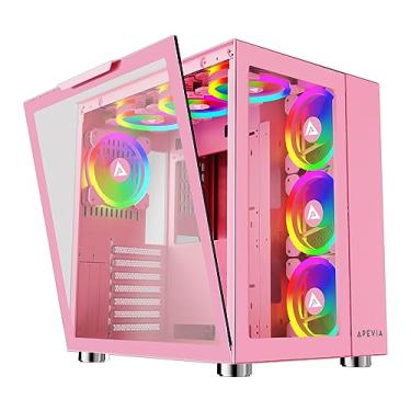 Imagem de Apevia Prism-Elite-PK Prism Elite Mid Tower ATX Gaming PC Cube Case com 7 x ventoinhas PWM ARGB de 120 mm, 366 modos RGB, painéis duplos de vidro temperado, suporte de radiador de 360 mm, 2 USB 3.0, 2 USB 2.0, rosa