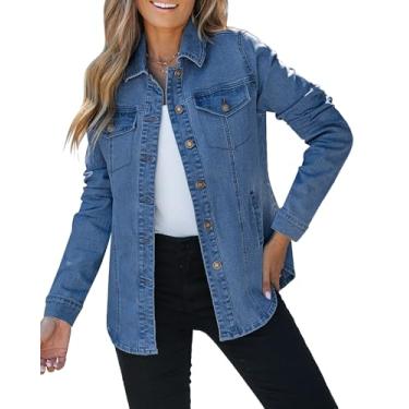 Imagem de luvamia Jaqueta jeans feminina moderna 2024, jaqueta jeans estilo faroeste, grande, com botões e bolsos, Azul clássico, 3G