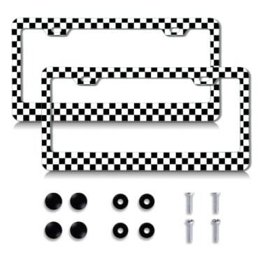 Imagem de 2 peças de moldura de placa de licença preto branco padrão xadrez capas de placa de licença de liga de alumínio vem com conjunto de tampas de rosca
