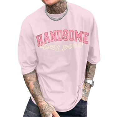 Imagem de SOLY HUX Camisetas masculinas com estampa de letras meia manga e ombro caído, Letra rosa claro, XXG