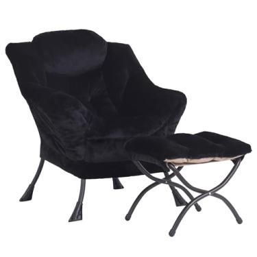 Imagem de LITA Cadeira de sofá estofada de lazer com acento moderno, cadeira de leitura com apoios de braços e um bolso lateral para sala de estar, quarto e espaço pequeno, preto de pelúcia