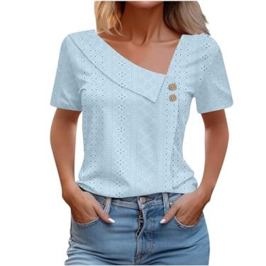 Imagem de Camiseta feminina de verão com ilhós, cor sólida, gola V, botões, caimento solto, casual, túnica para sair, Azul claro, XXG