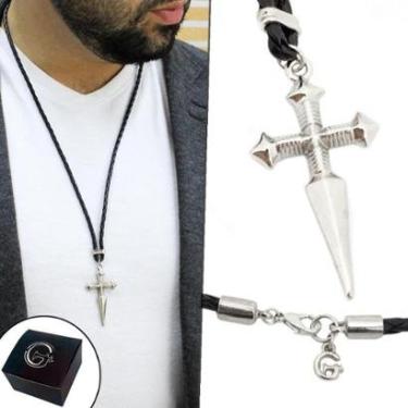 Imagem de Colar de Couro Trançado Masculino Fecho Mosquete Cruz Santiago NE-Unissex
