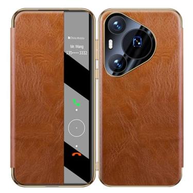 Imagem de HAZARA Capa de couro genuíno para Huawei Pura 70 Ultra/70 Pro/70 Pro+/70, capa flip Clear View, capa fólio empresarial, capa de proteção de lente revestida, laranja, 70 Pro+